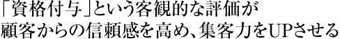 「資格付与」という客観的な評価が顧客からの信頼感を高め、集客力をUPさせる